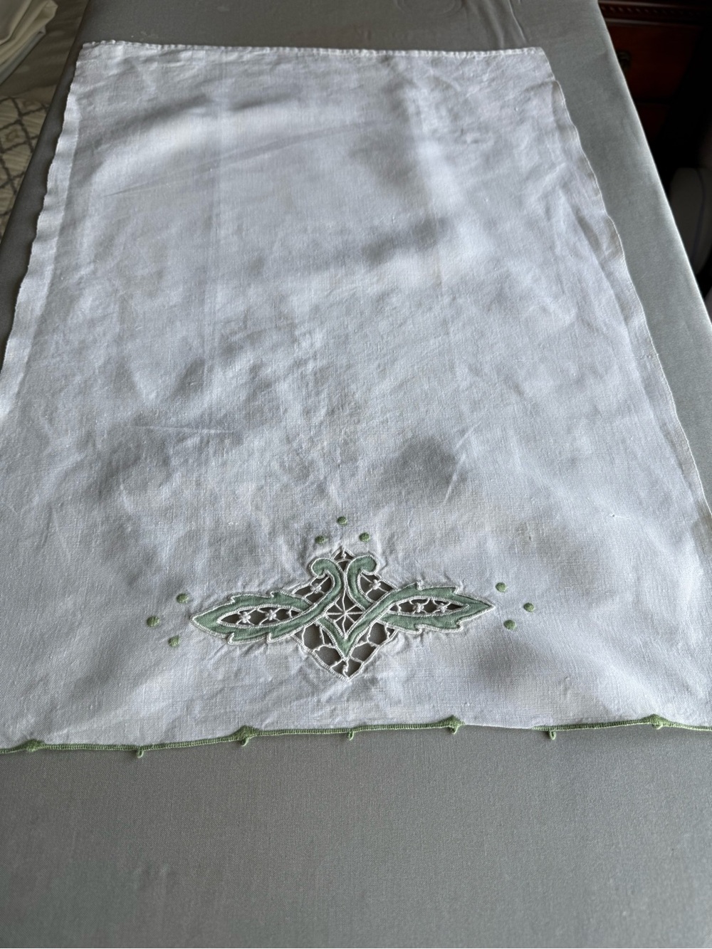 Vintage Embroidered White Linen Table Runner with Sage Green Accents